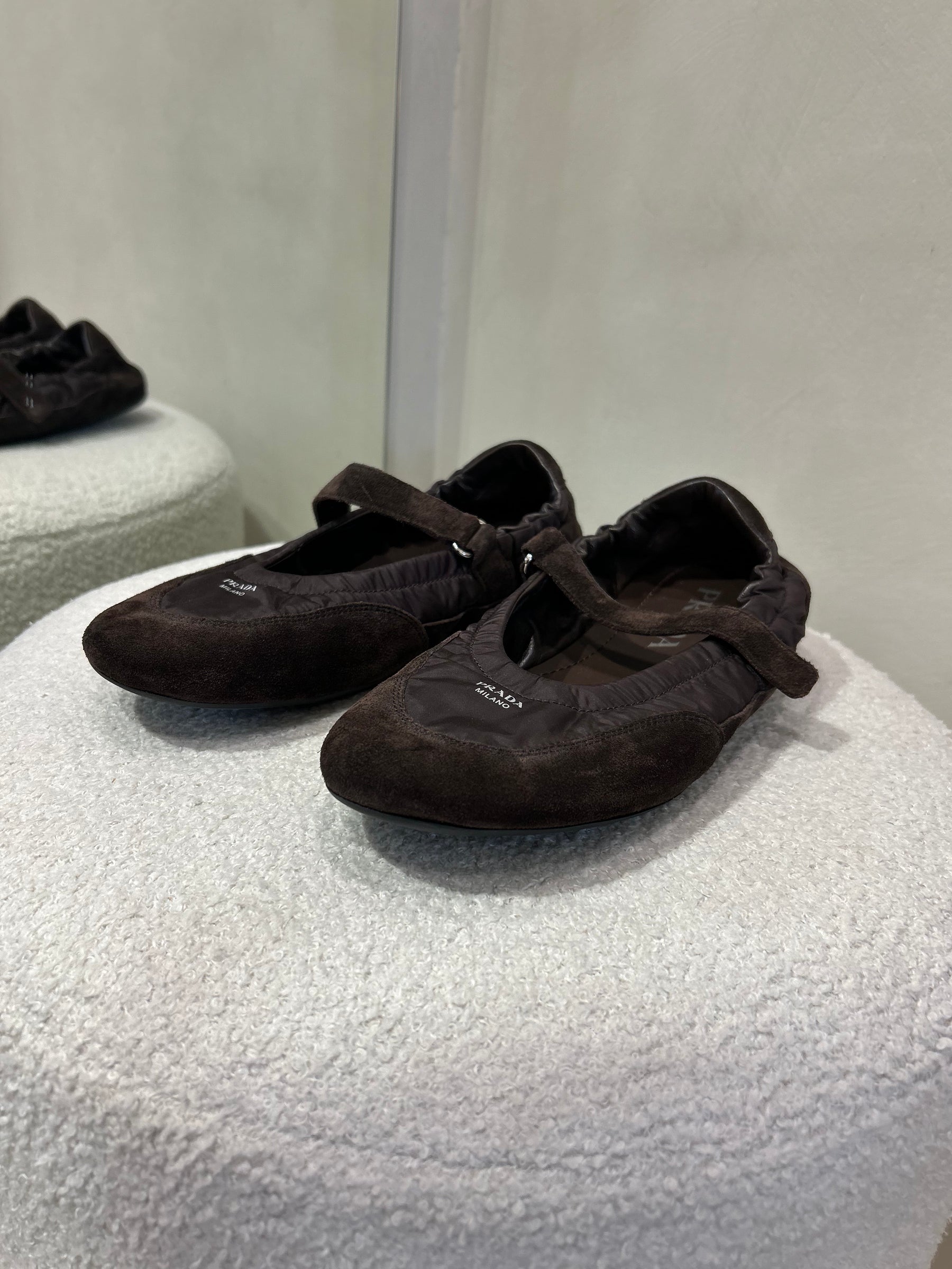 Prada Coffee Collapse Re Nylong Suede ballerinas, 39
