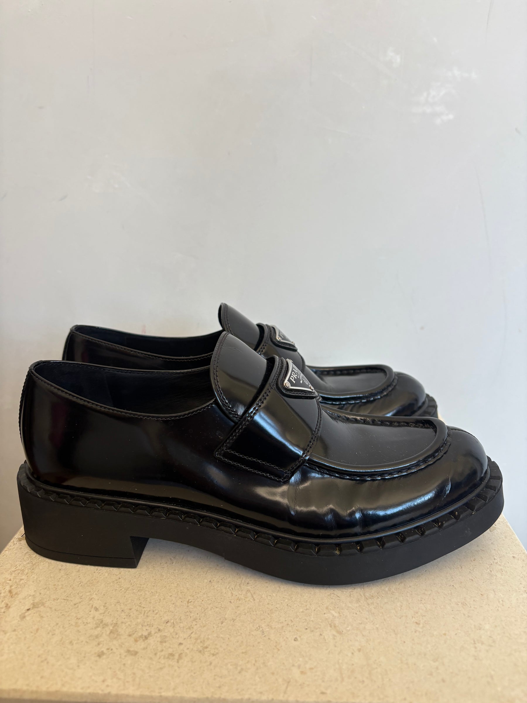 Prada Black Brushed Leather Loafer, 39.5