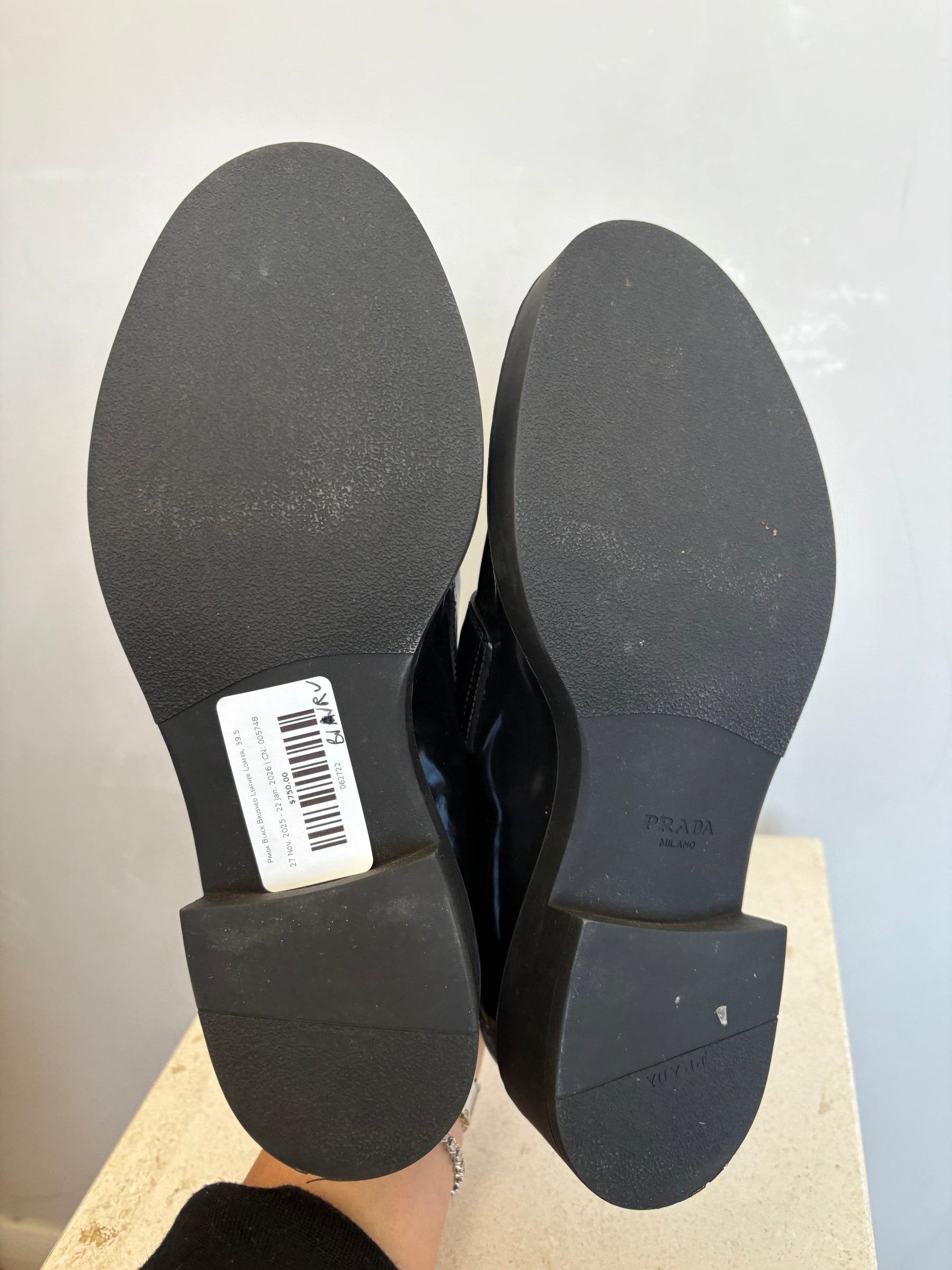 Prada Black Brushed Leather Loafer, 39.5