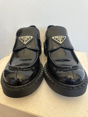 Prada Black Brushed Leather Loafer, 39.5