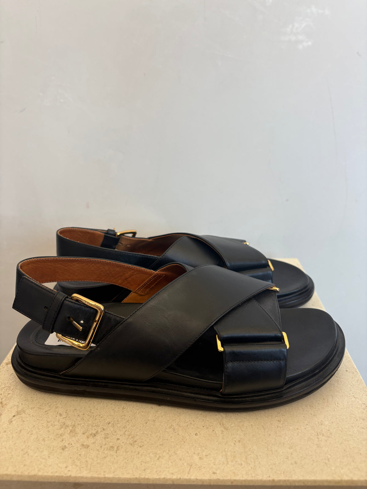 Marni Black Leather Fussbets, 39.5