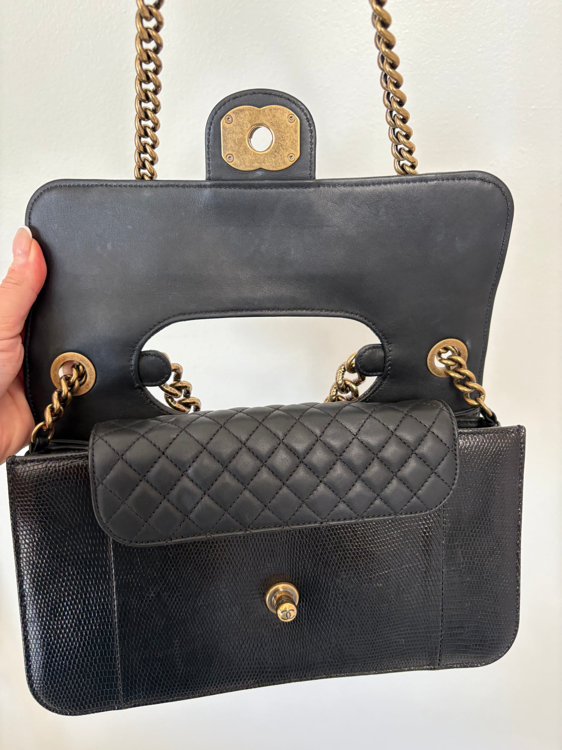 Chanel Black Lizard Embossed Perfect Edge Flap Bag
