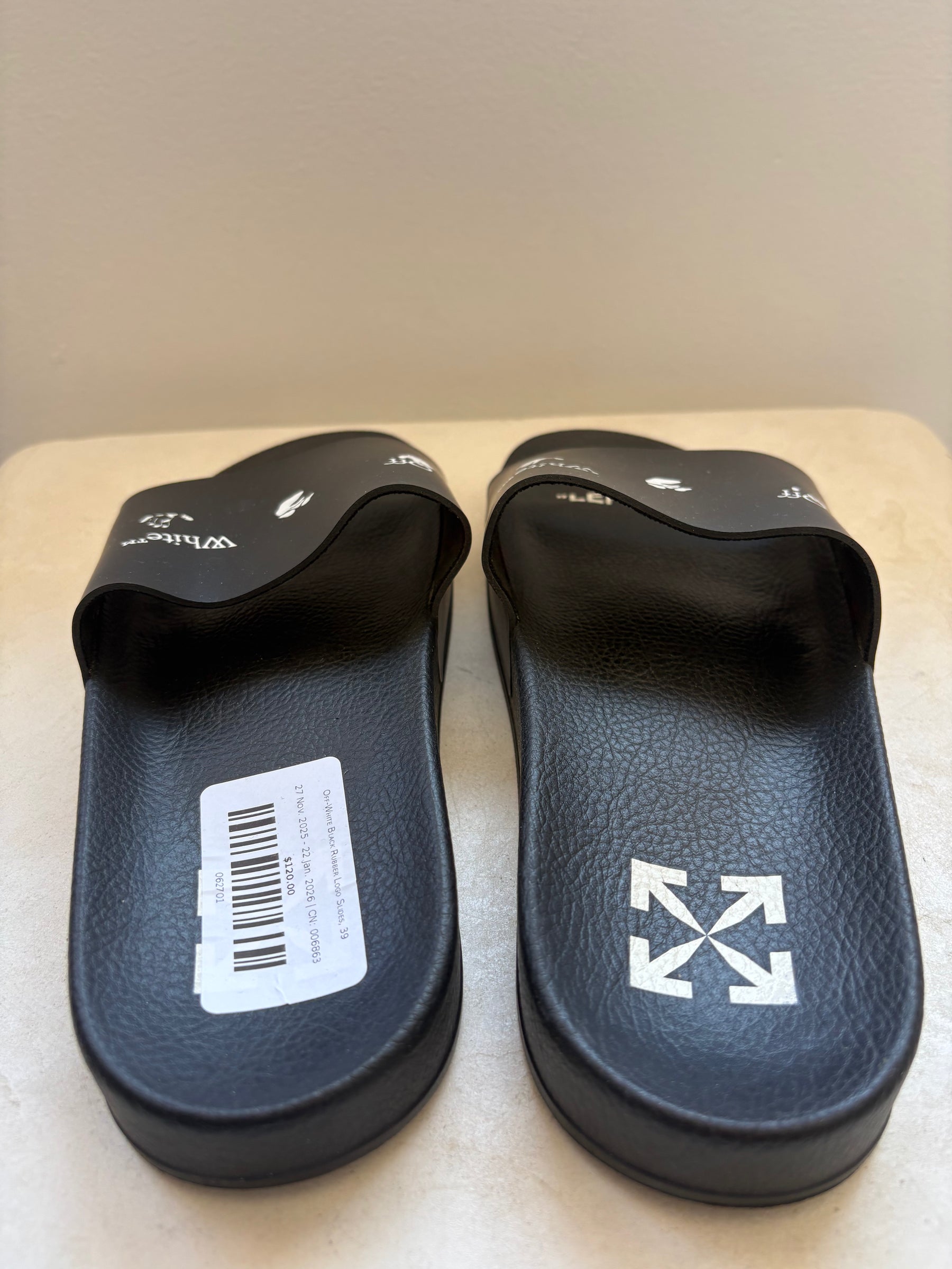 Off-White Black Rubber Logo Slides, 39