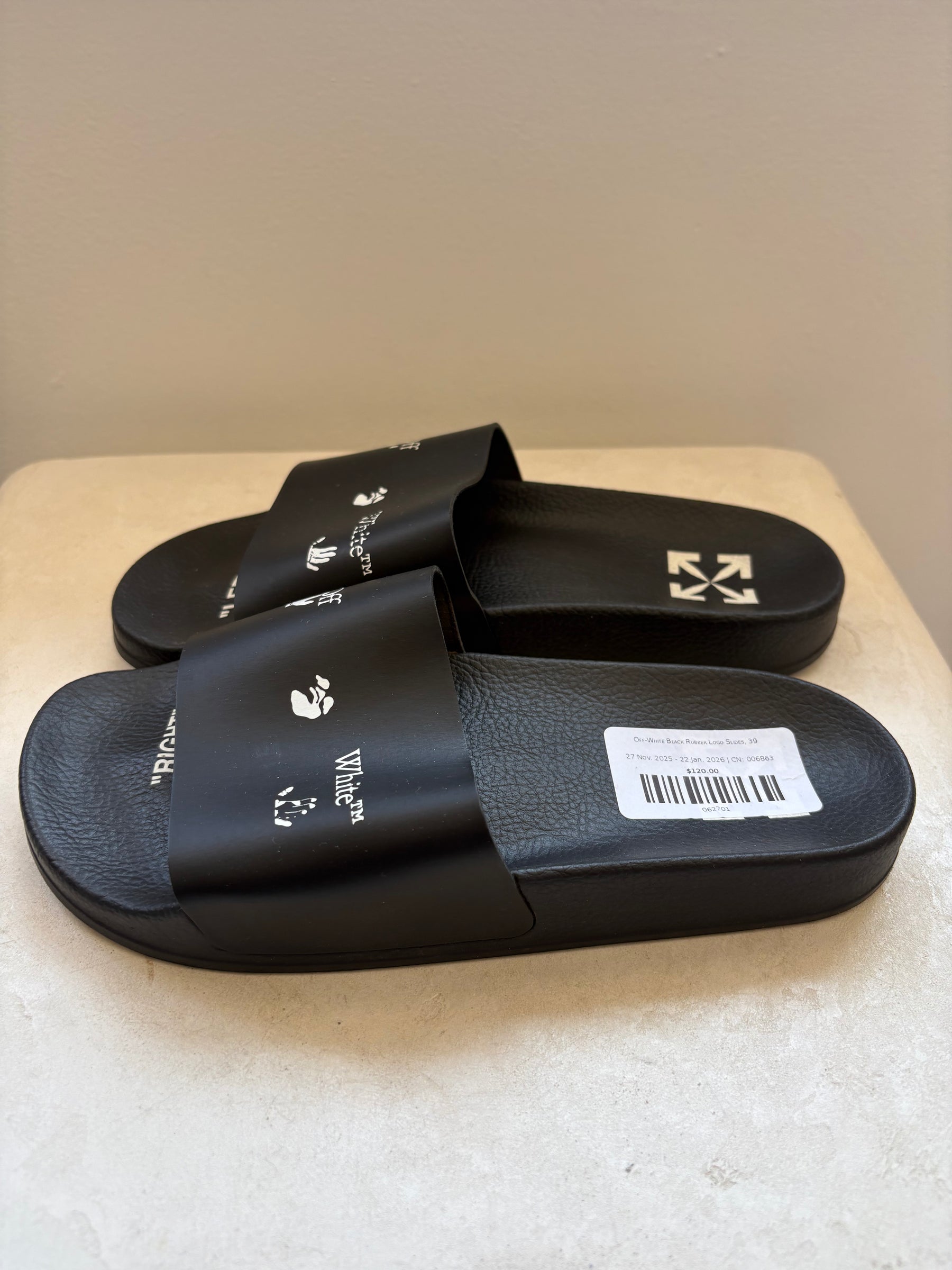 Off-White Black Rubber Logo Slides, 39