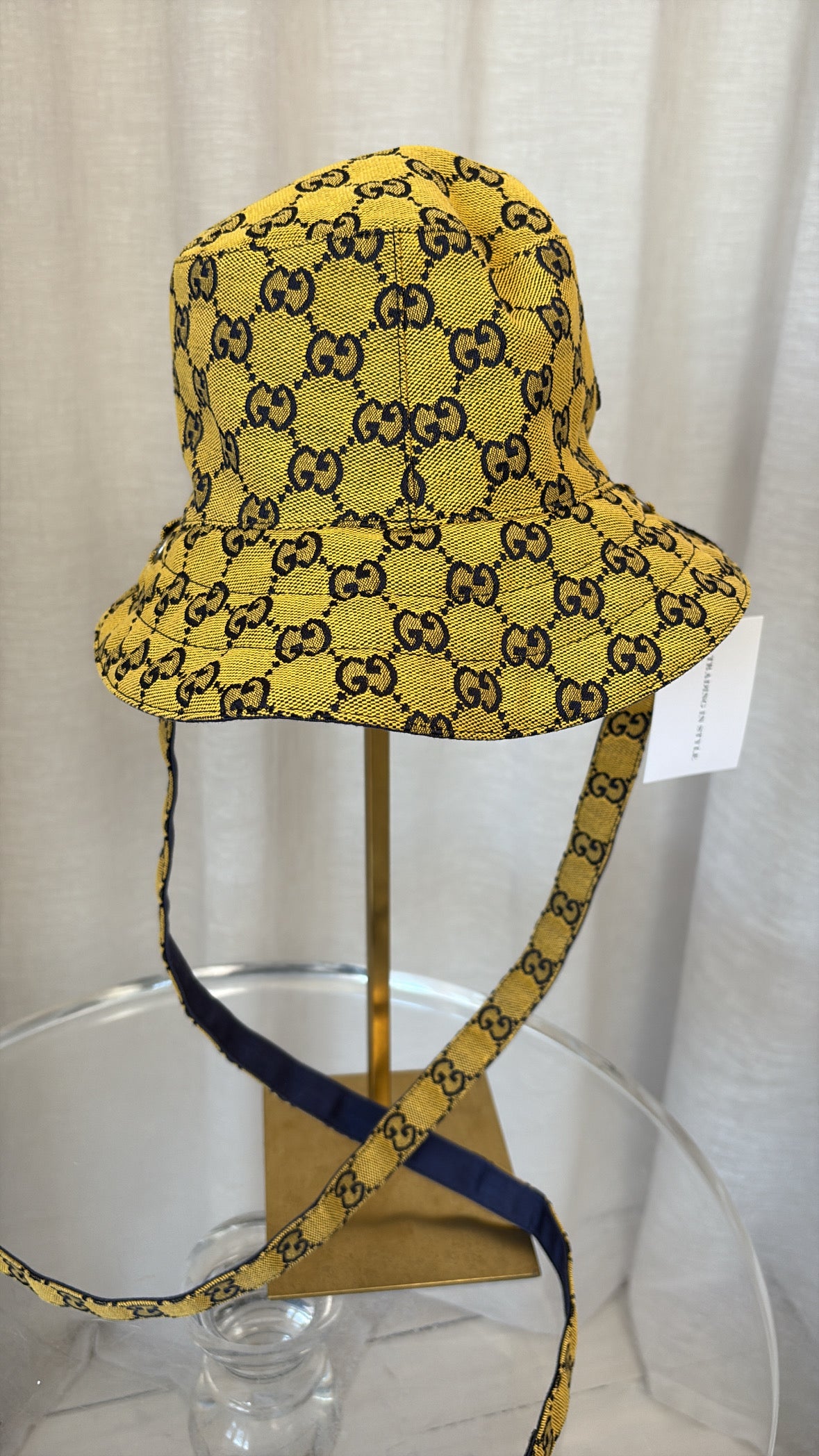 Gucci Yellow and Navy Monogram Reversible Bucket Hat with Tie, M