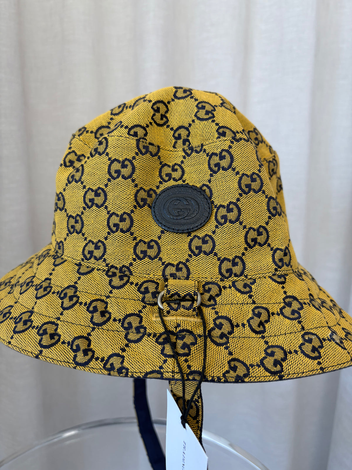 Gucci Yellow and Navy Monogram Reversible Bucket Hat with Tie, M