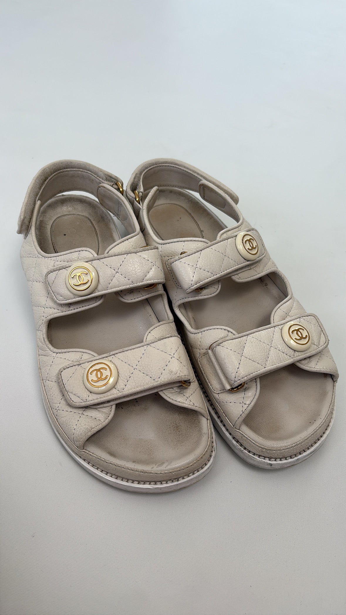 Chanel White Leather Dad Sandals, 38.5C