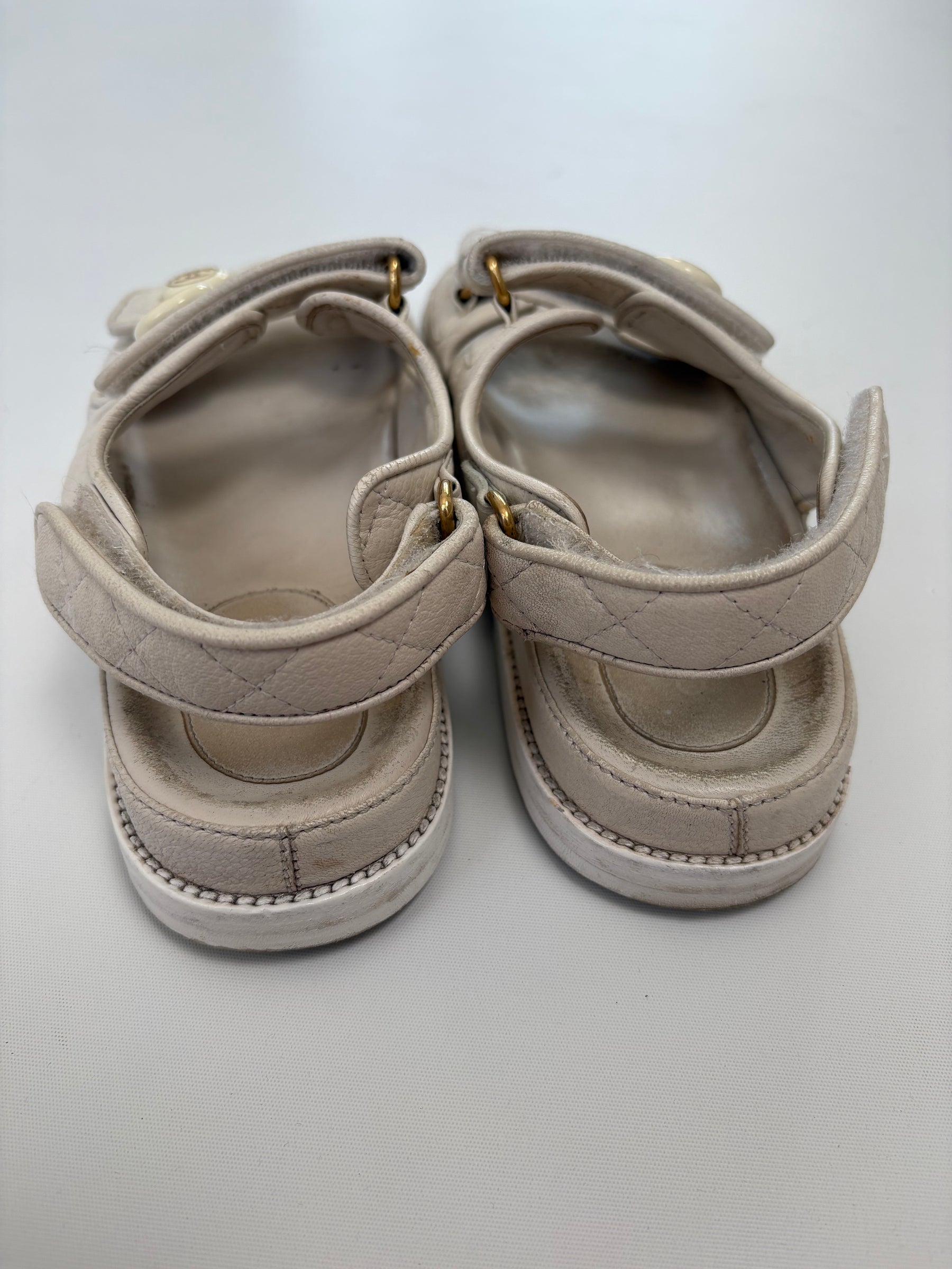 Chanel White Leather Dad Sandals, 38.5C