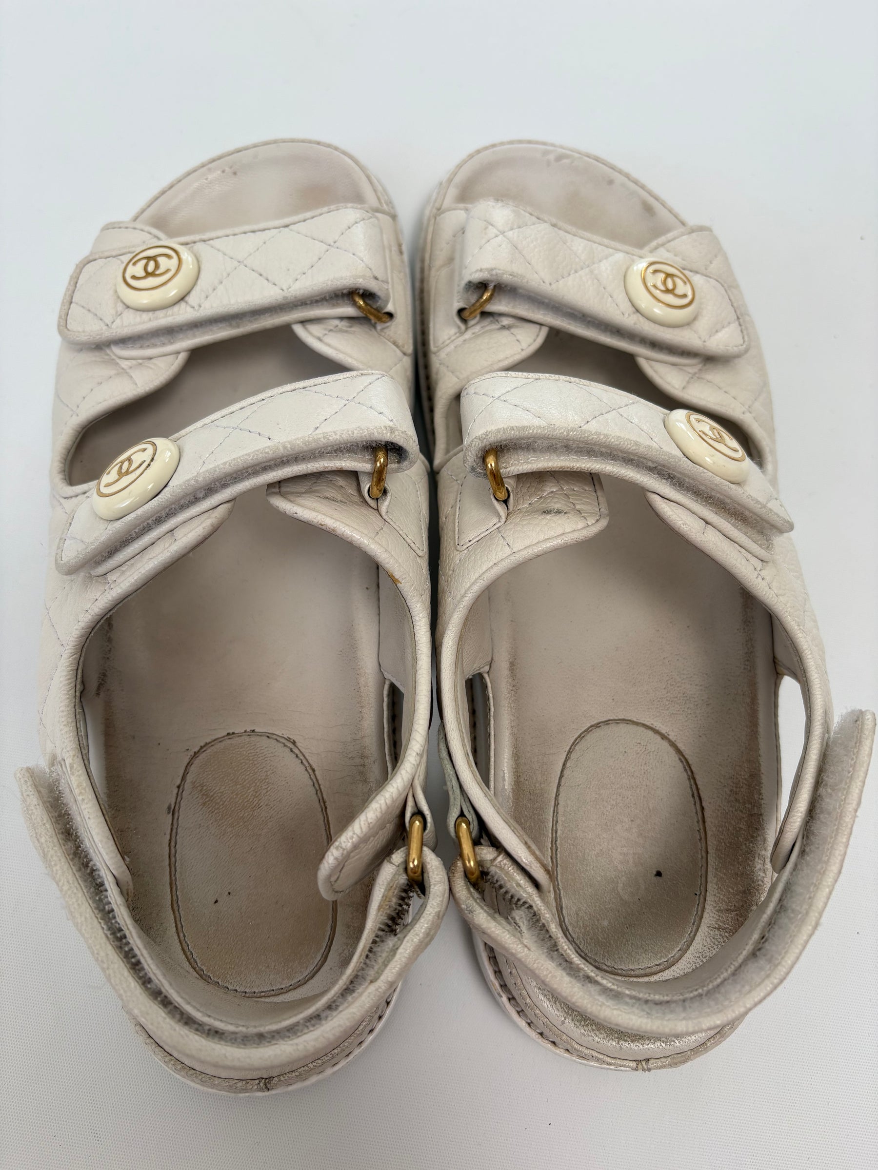 Chanel White Leather Dad Sandals, 38.5C