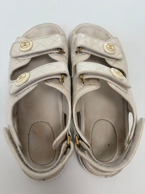Chanel White Leather Dad Sandals, 38.5C