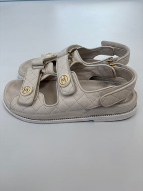 Chanel White Leather Dad Sandals, 38.5C