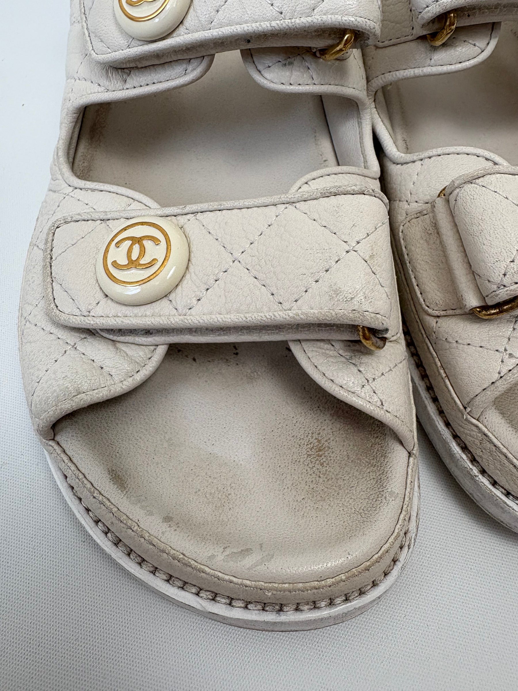 Chanel White Leather Dad Sandals, 38.5C
