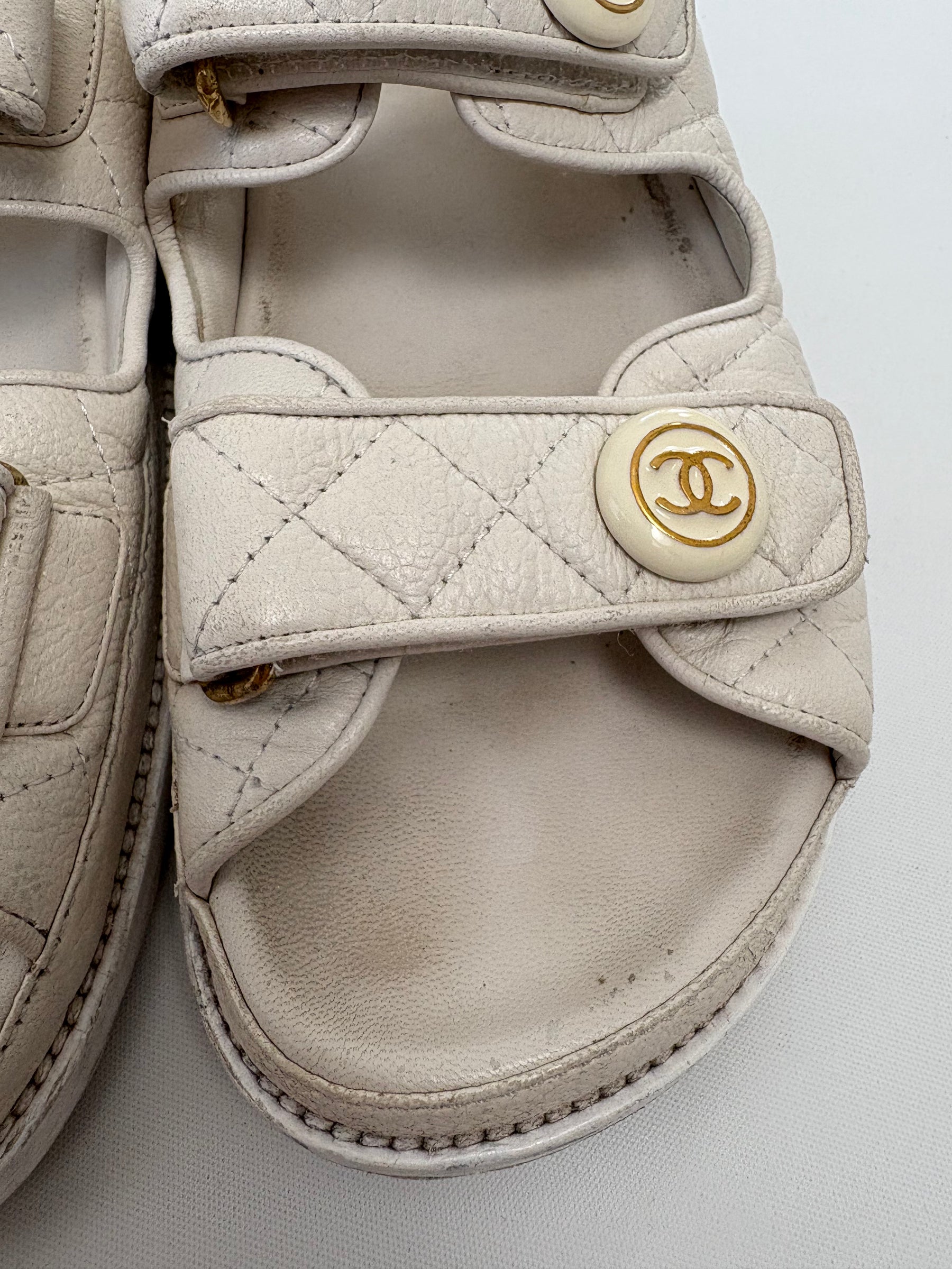 Chanel White Leather Dad Sandals, 38.5C