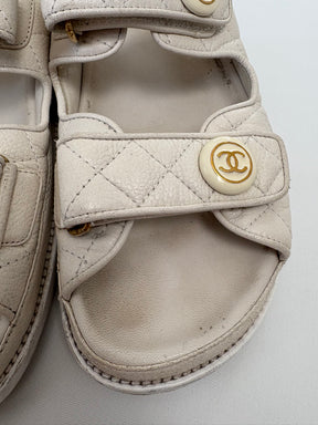 Chanel White Leather Dad Sandals, 38.5C