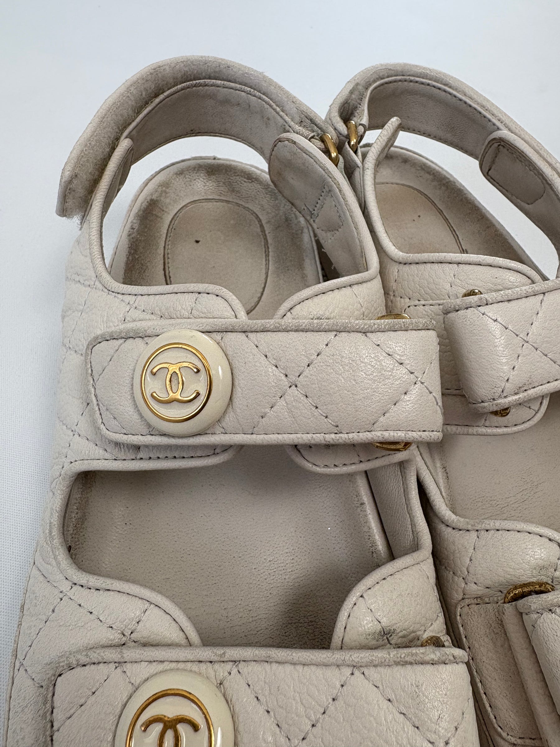 Chanel White Leather Dad Sandals, 38.5C