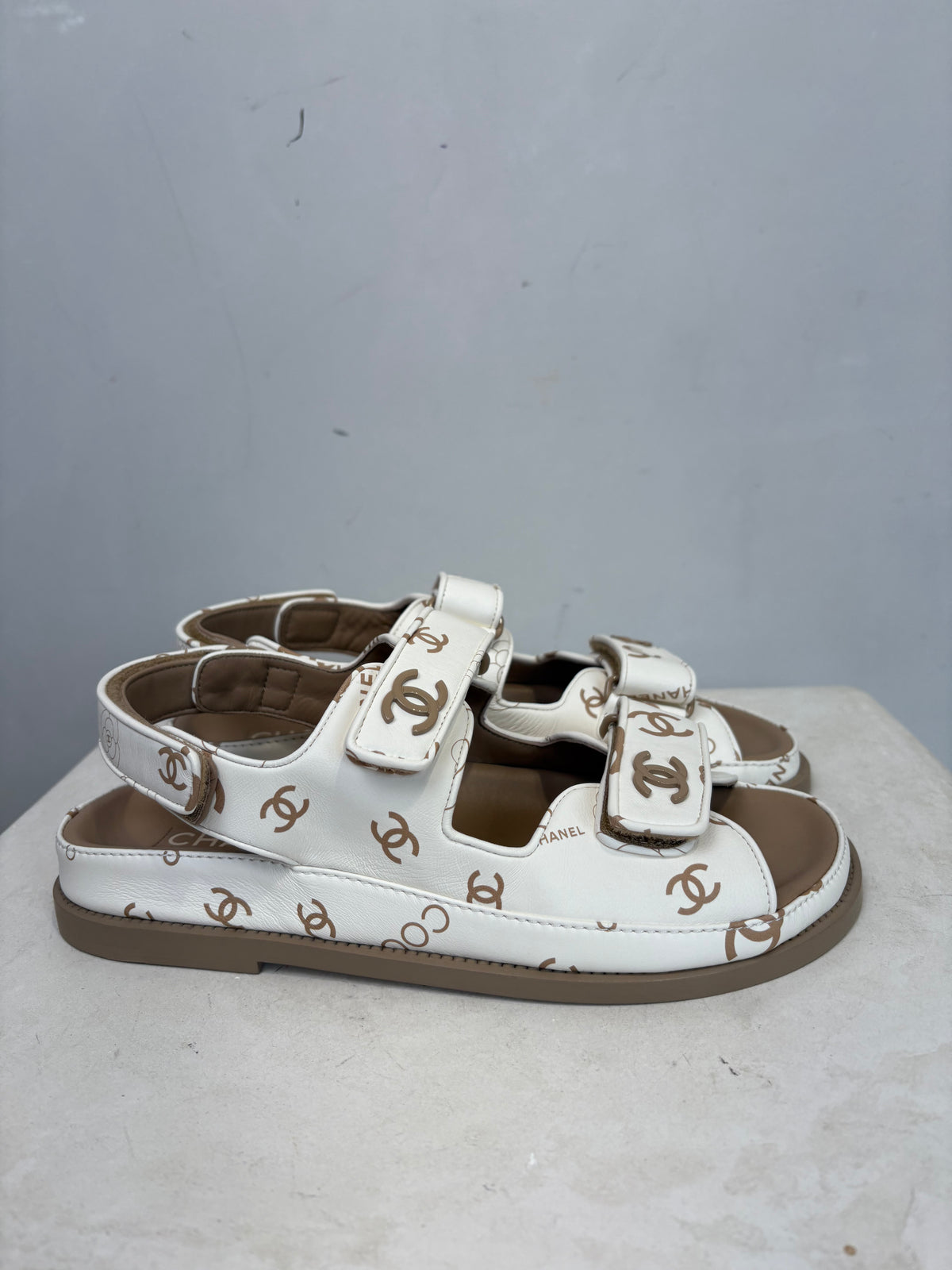 Chanel White and Beige Leather Logo Printed Dad Sandal with Matching Sock, 39 C