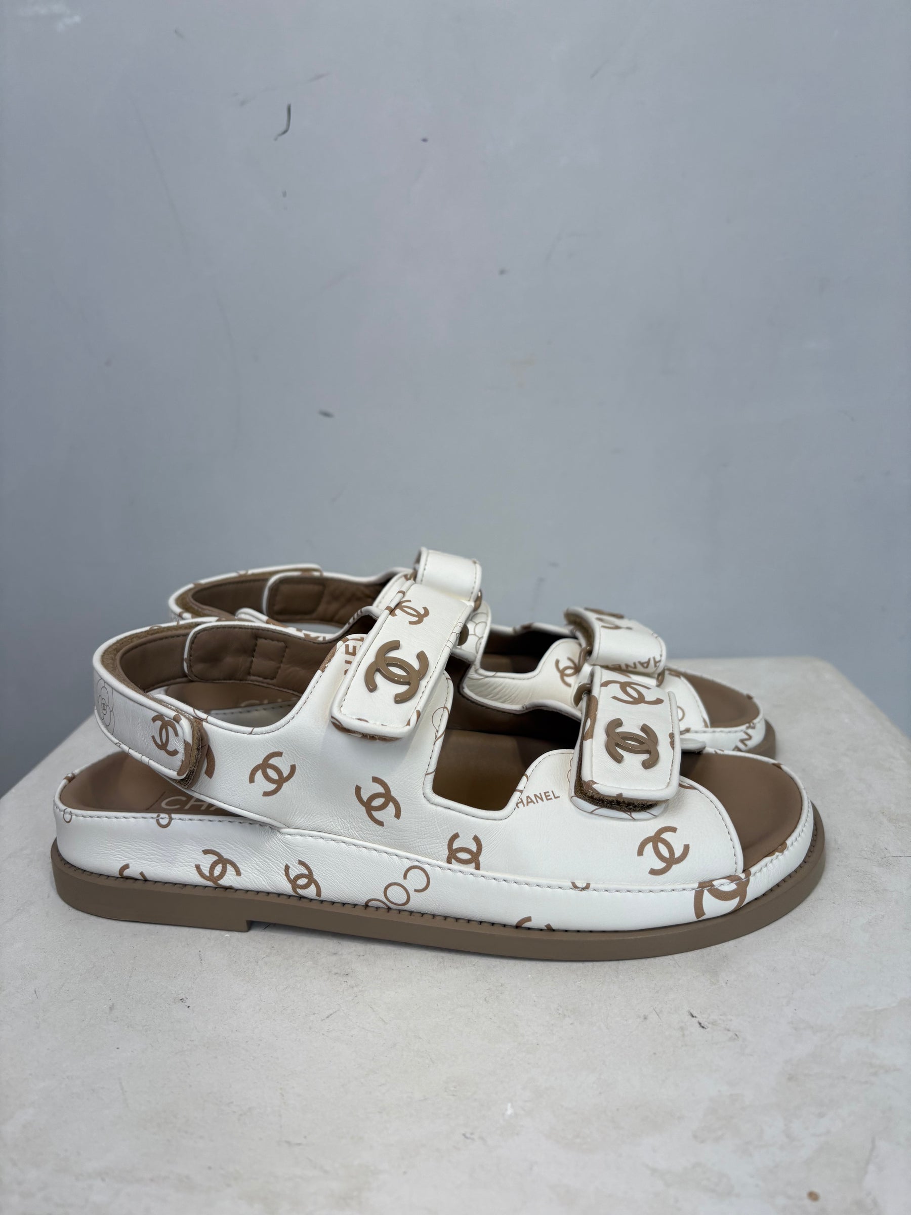 Chanel White and Beige Leather Logo Printed Dad Sandal with Matching Sock, 39 C