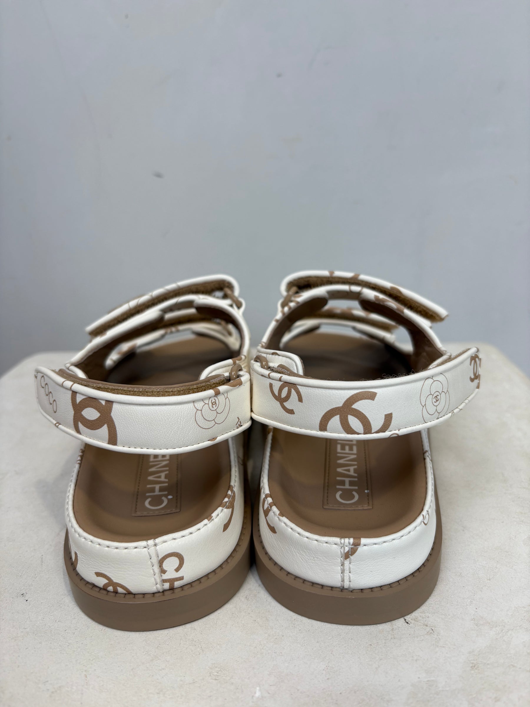Chanel White and Beige Leather Logo Printed Dad Sandal with Matching Sock, 39 C