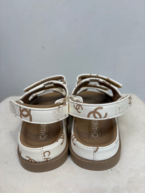 Chanel White and Beige Leather Logo Printed Dad Sandal with Matching Sock, 39 C
