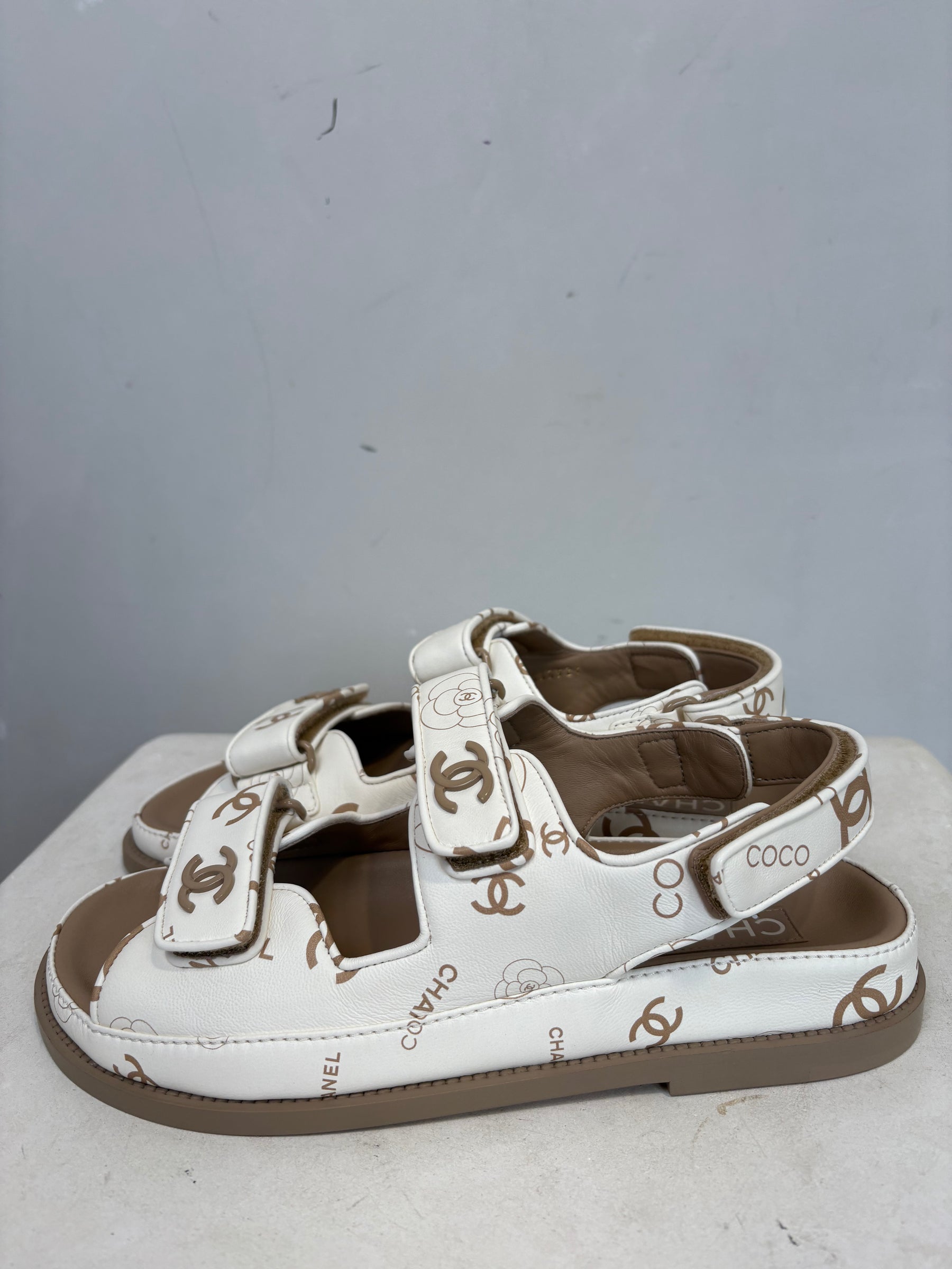 Chanel White and Beige Leather Logo Printed Dad Sandal with Matching Sock, 39 C