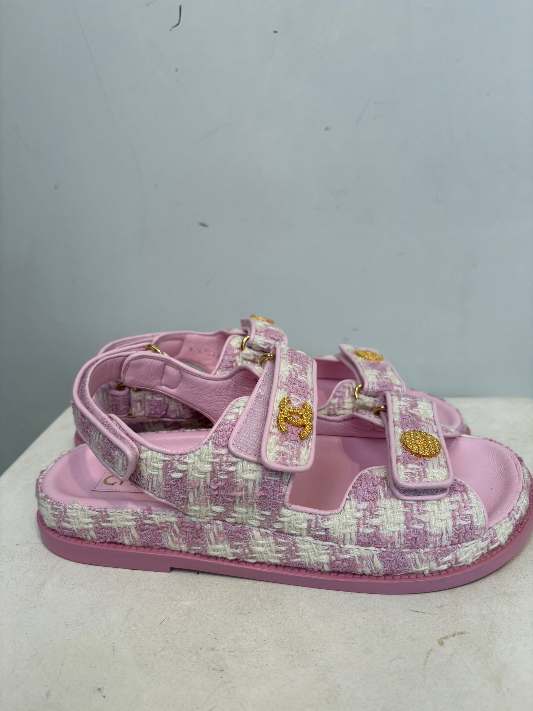Chanel Pink and Ecru Tweed Dad Sandals, 39 C