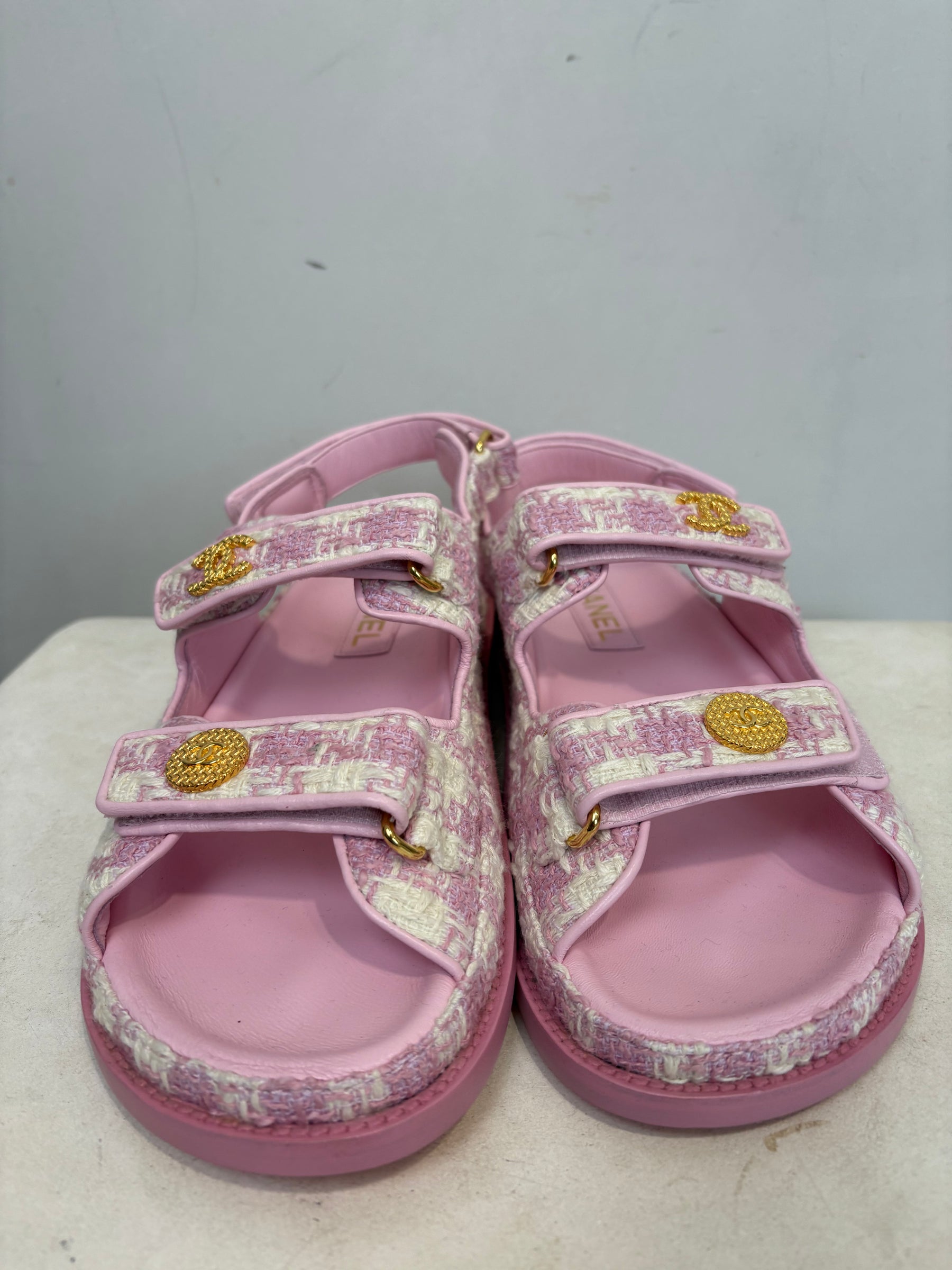 Chanel Pink and Ecru Tweed Dad Sandals, 39 C