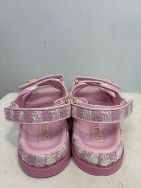 Chanel Pink and Ecru Tweed Dad Sandals, 39 C