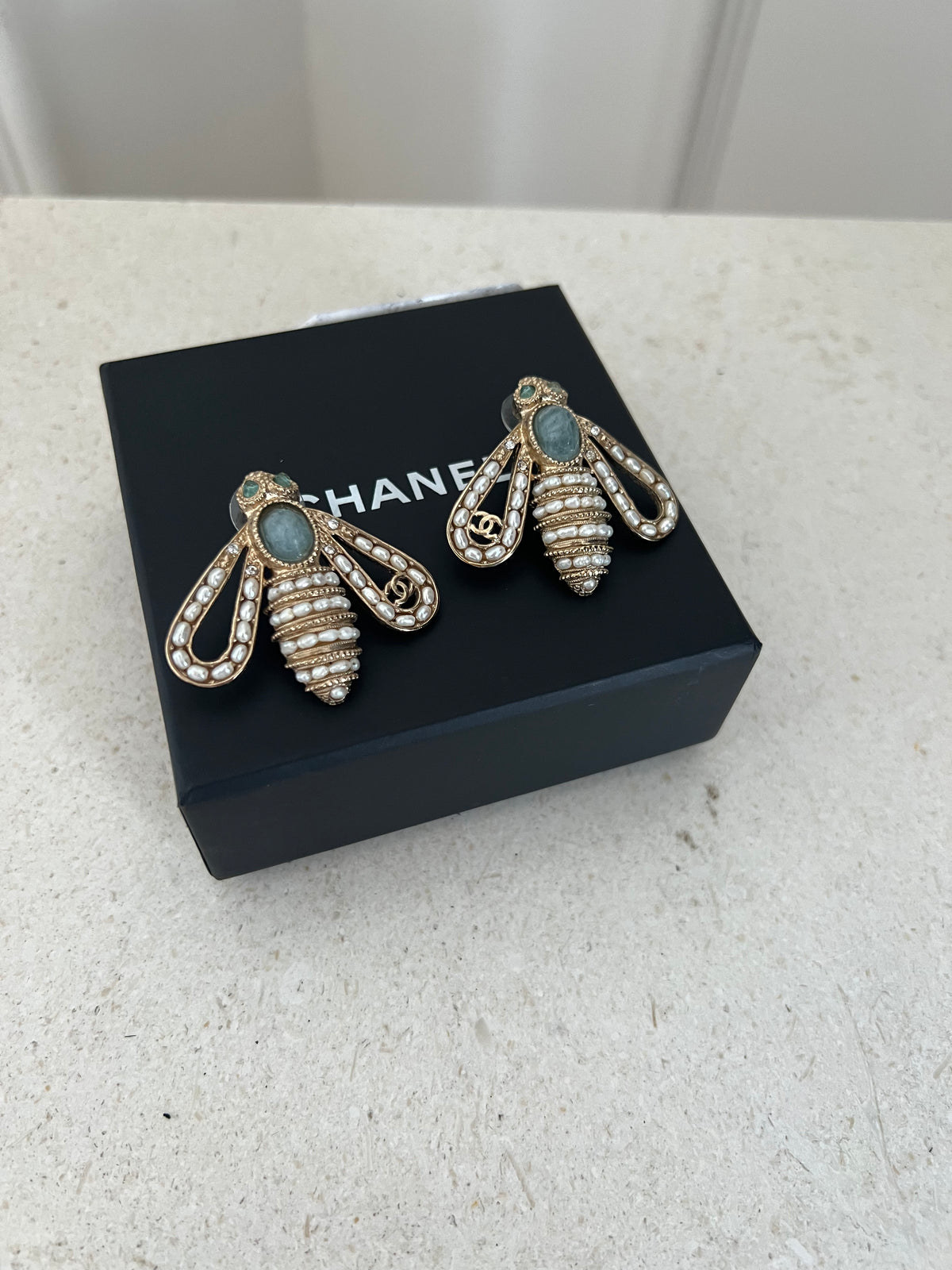 Chanel Gone Tone Pearl and Stone Bee Earrings
