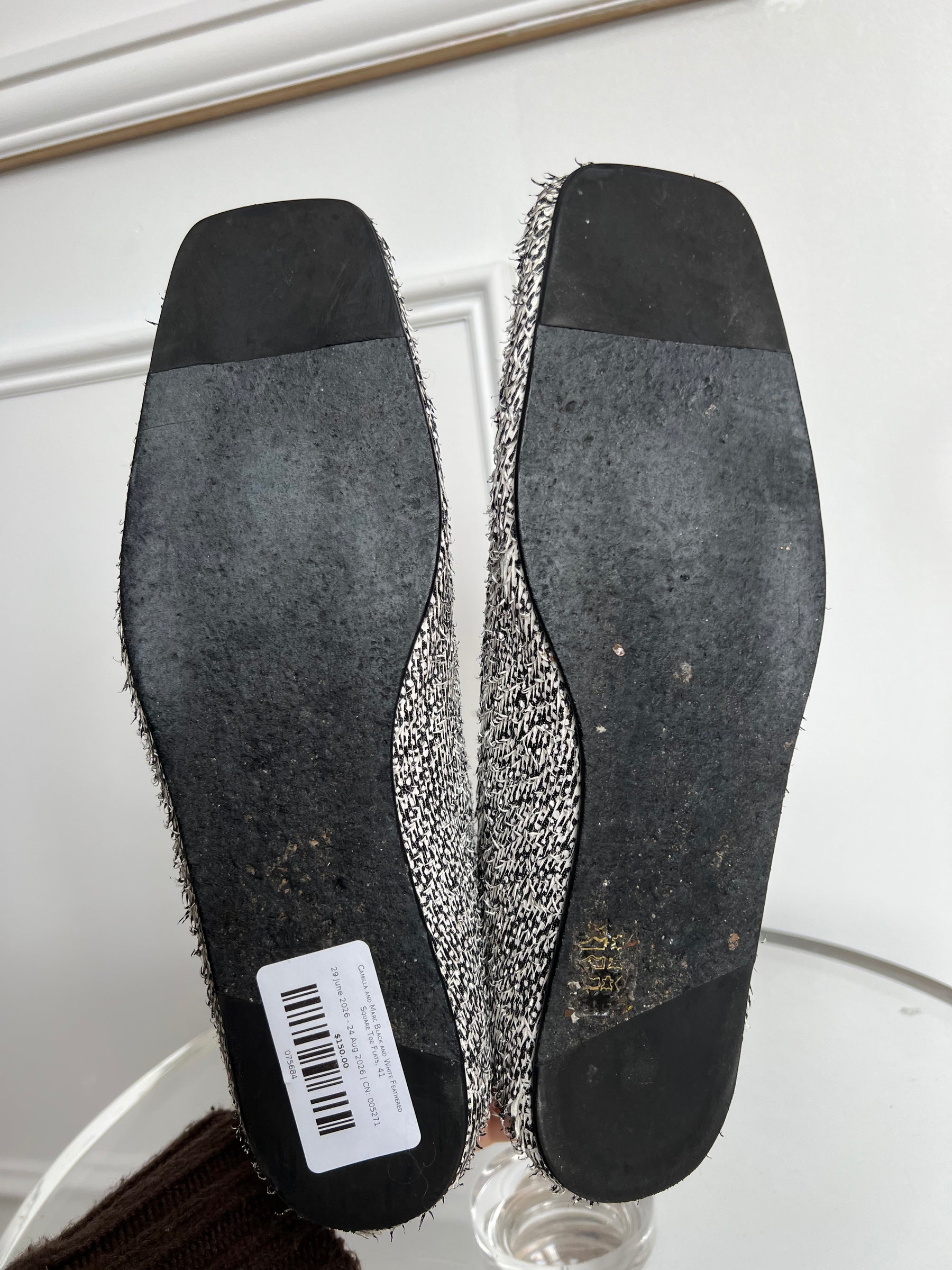 Camilla and Marc Black and White Feathered Square Toe Flats, 41
