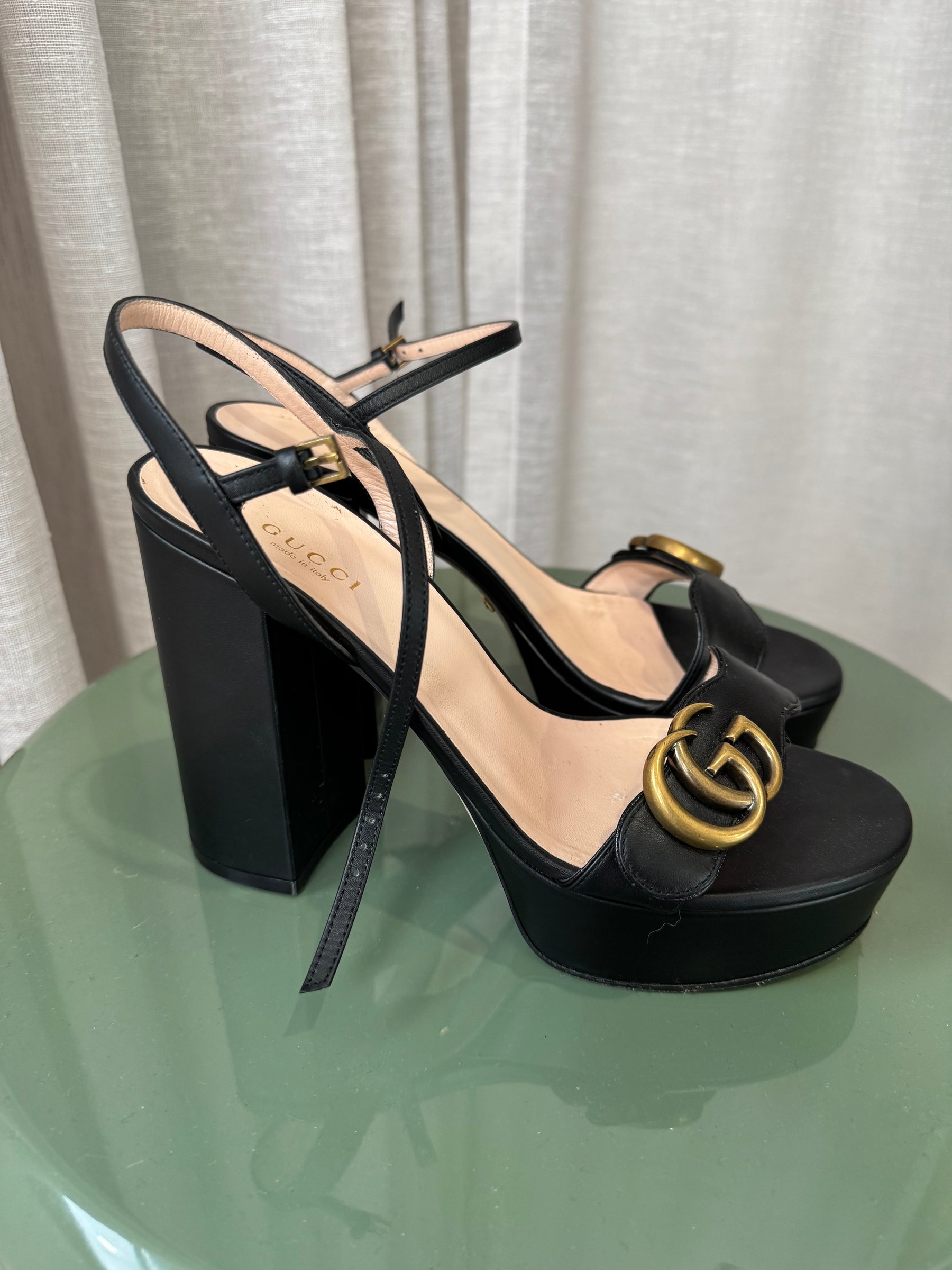 Gucci Marmont Black Leather Platform Sandal, 37.5