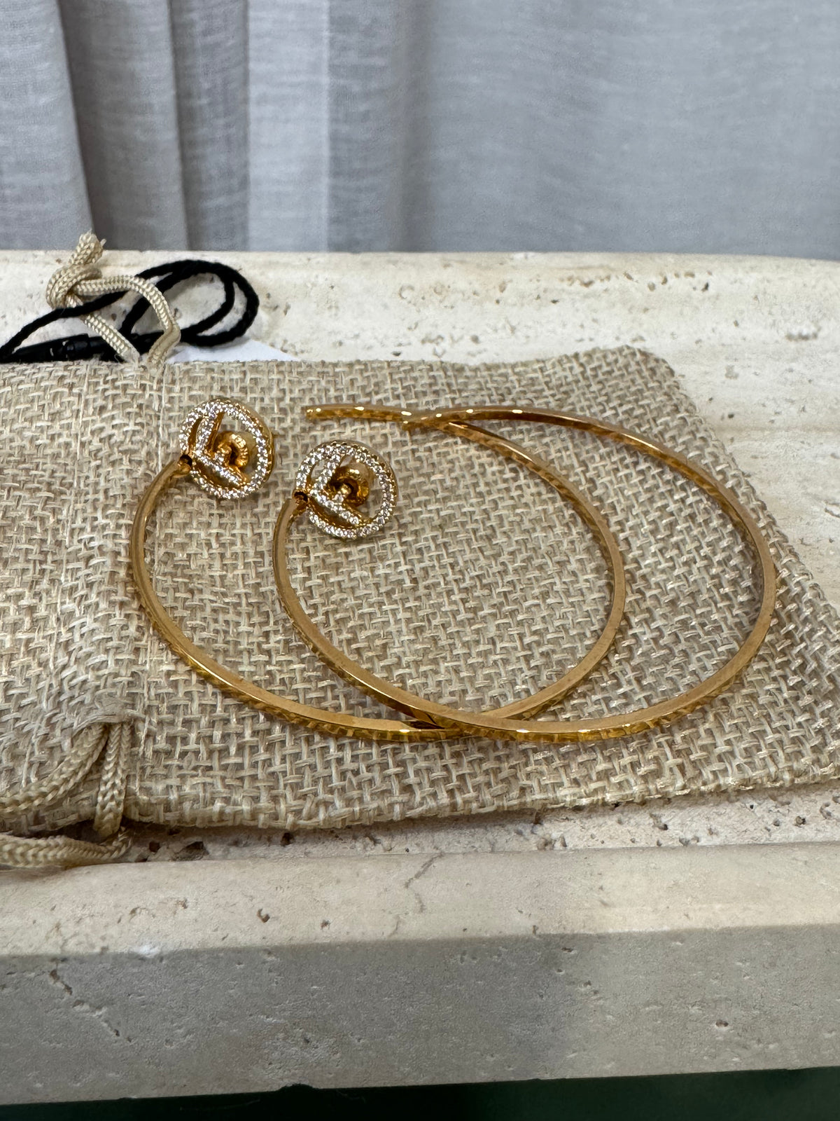 Fendi Gold Tone Crystal Logo Oversized Hoop Earrings