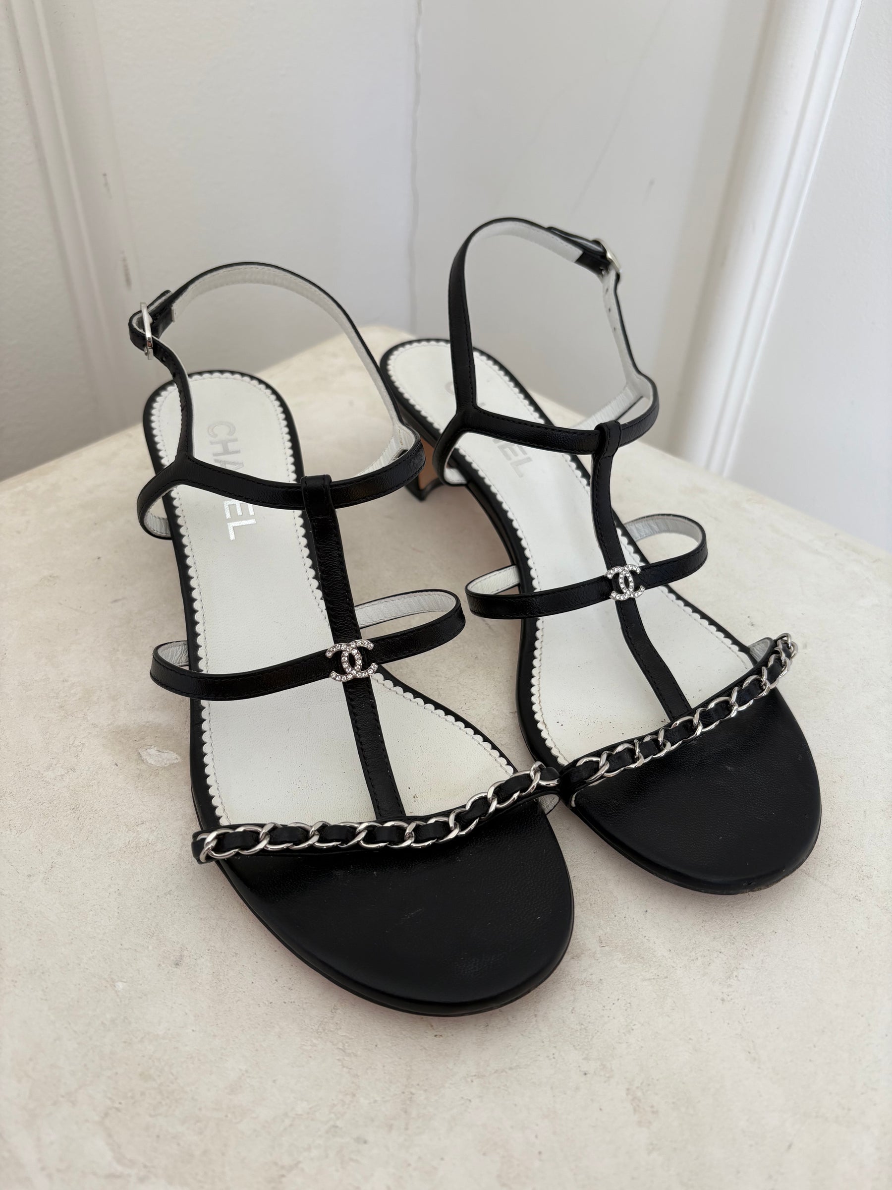 Chanel Black Leather Strappy Chain Logo Heels, 39.5C