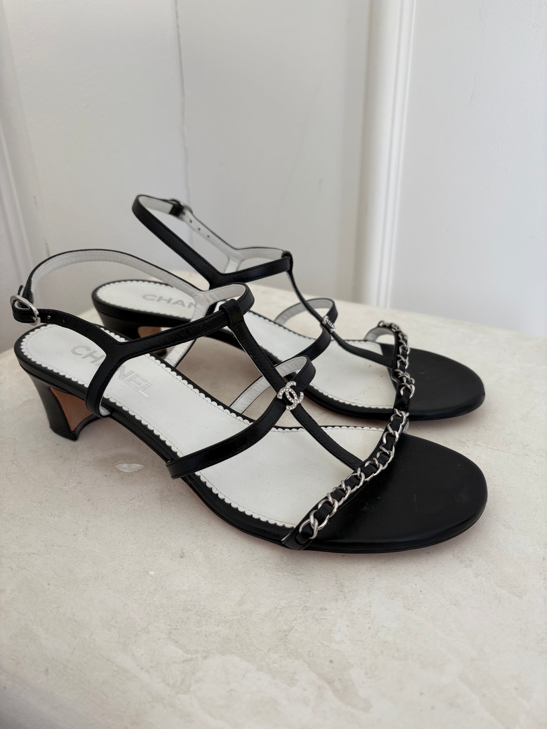 Chanel Black Leather Strappy Chain Logo Heels, 39.5C