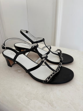 Chanel Black Leather Strappy Chain Logo Heels, 39.5C
