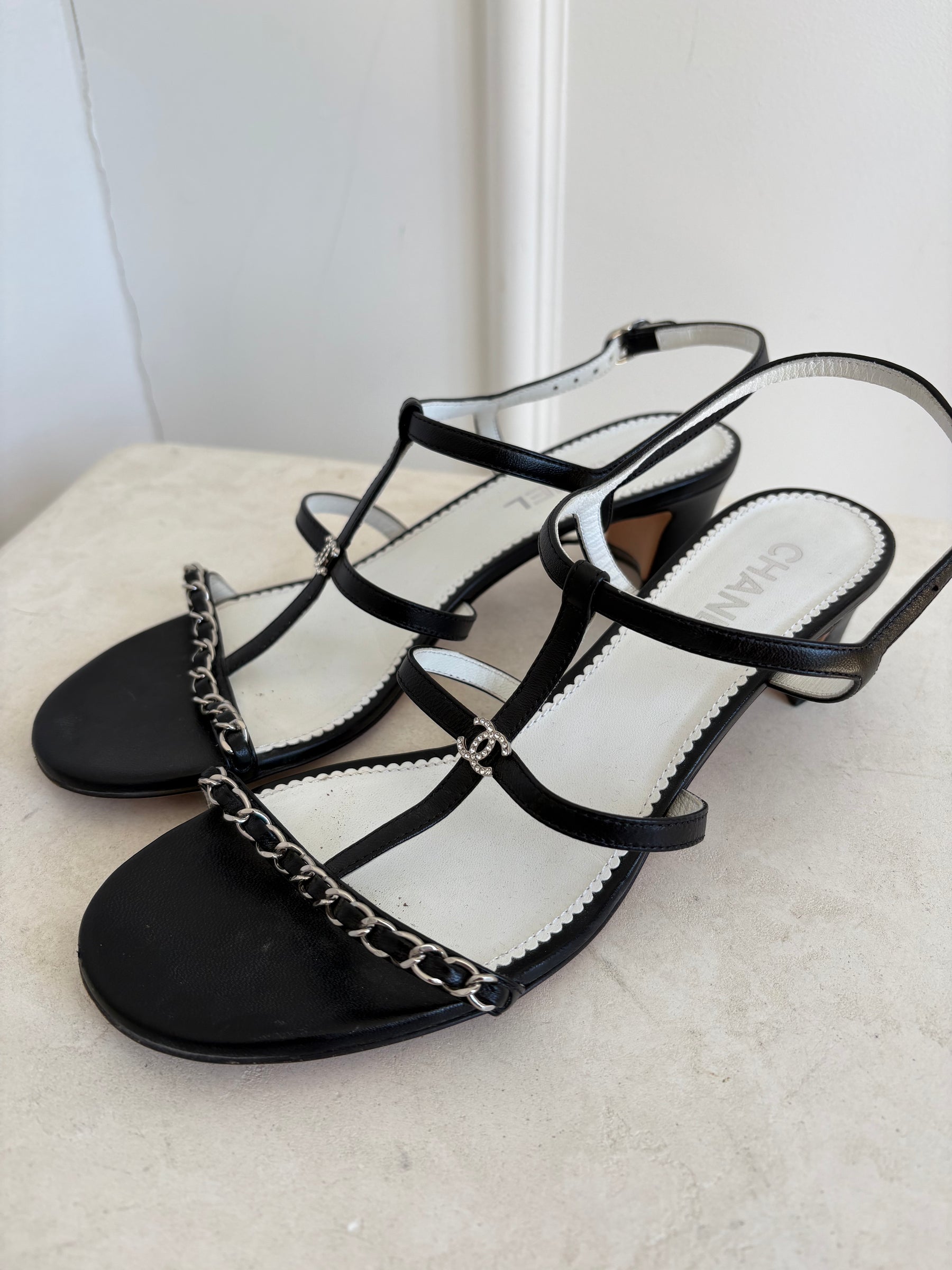 Chanel Black Leather Strappy Chain Logo Heels, 39.5C