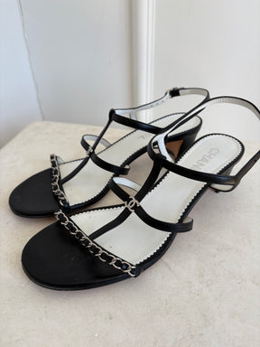 Chanel Black Leather Strappy Chain Logo Heels, 39.5C