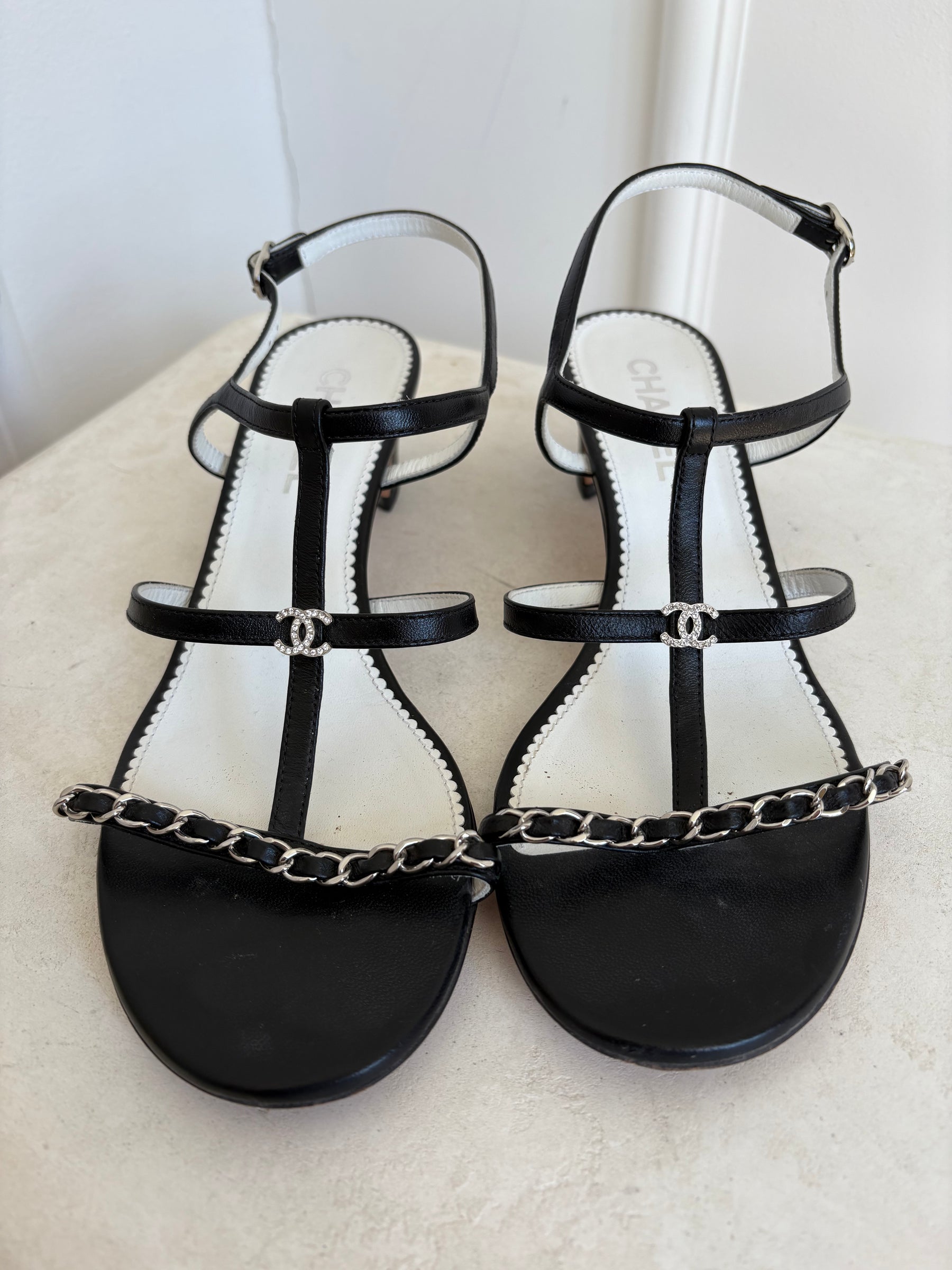 Chanel Black Leather Strappy Chain Logo Heels, 39.5C