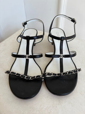 Chanel Black Leather Strappy Chain Logo Heels, 39.5C