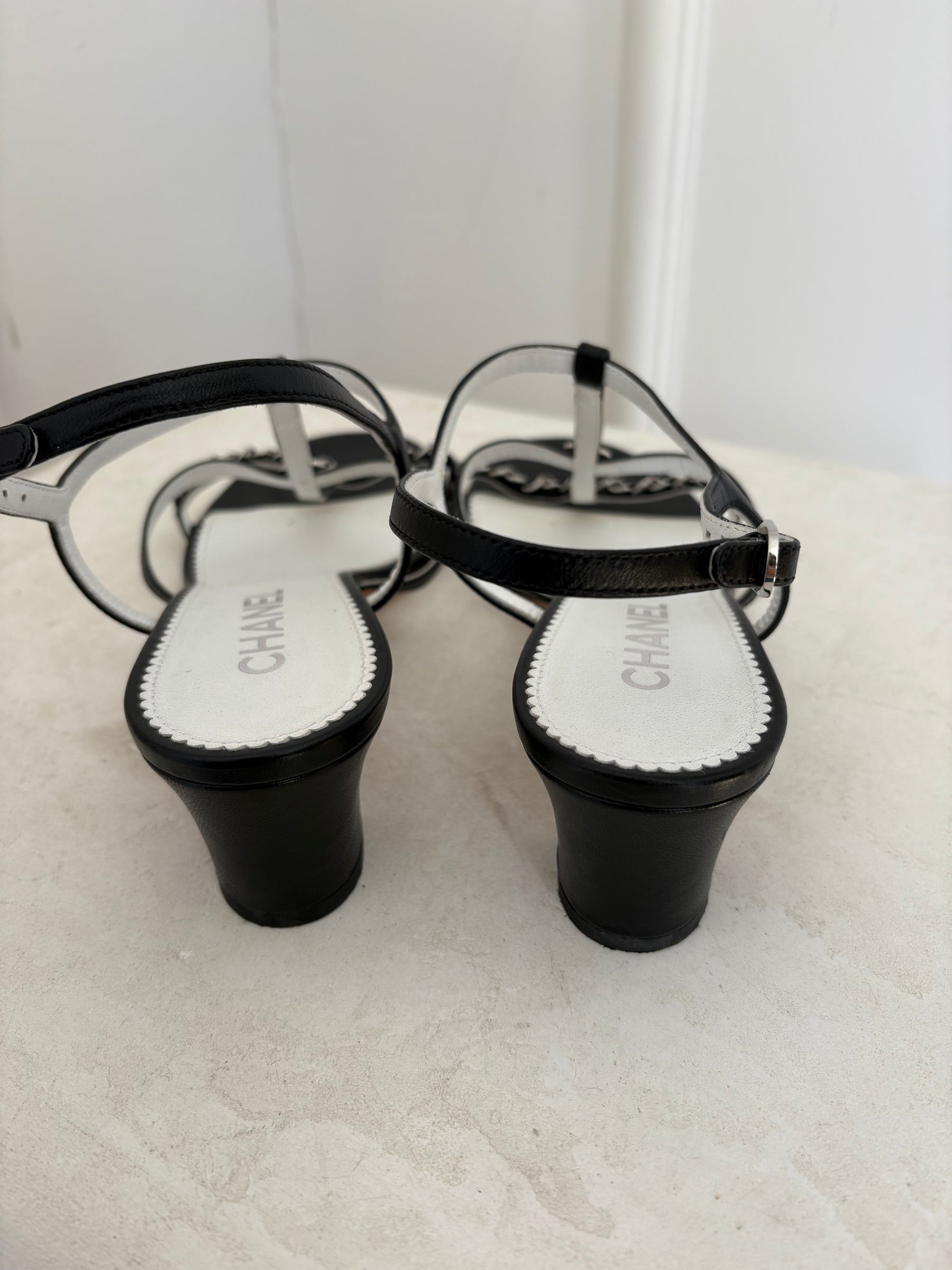 Chanel Black Leather Strappy Chain Logo Heels, 39.5C