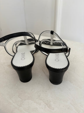 Chanel Black Leather Strappy Chain Logo Heels, 39.5C