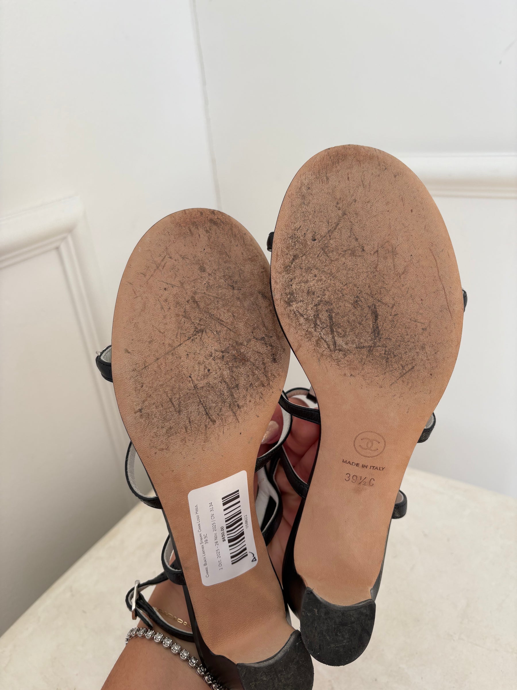 Chanel Black Leather Strappy Chain Logo Heels, 39.5C