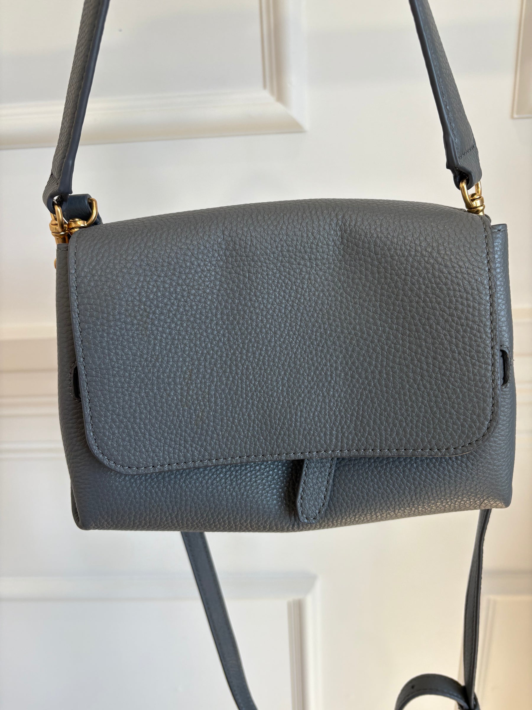 Oroton Grey Leather Shoulder Flap Bag