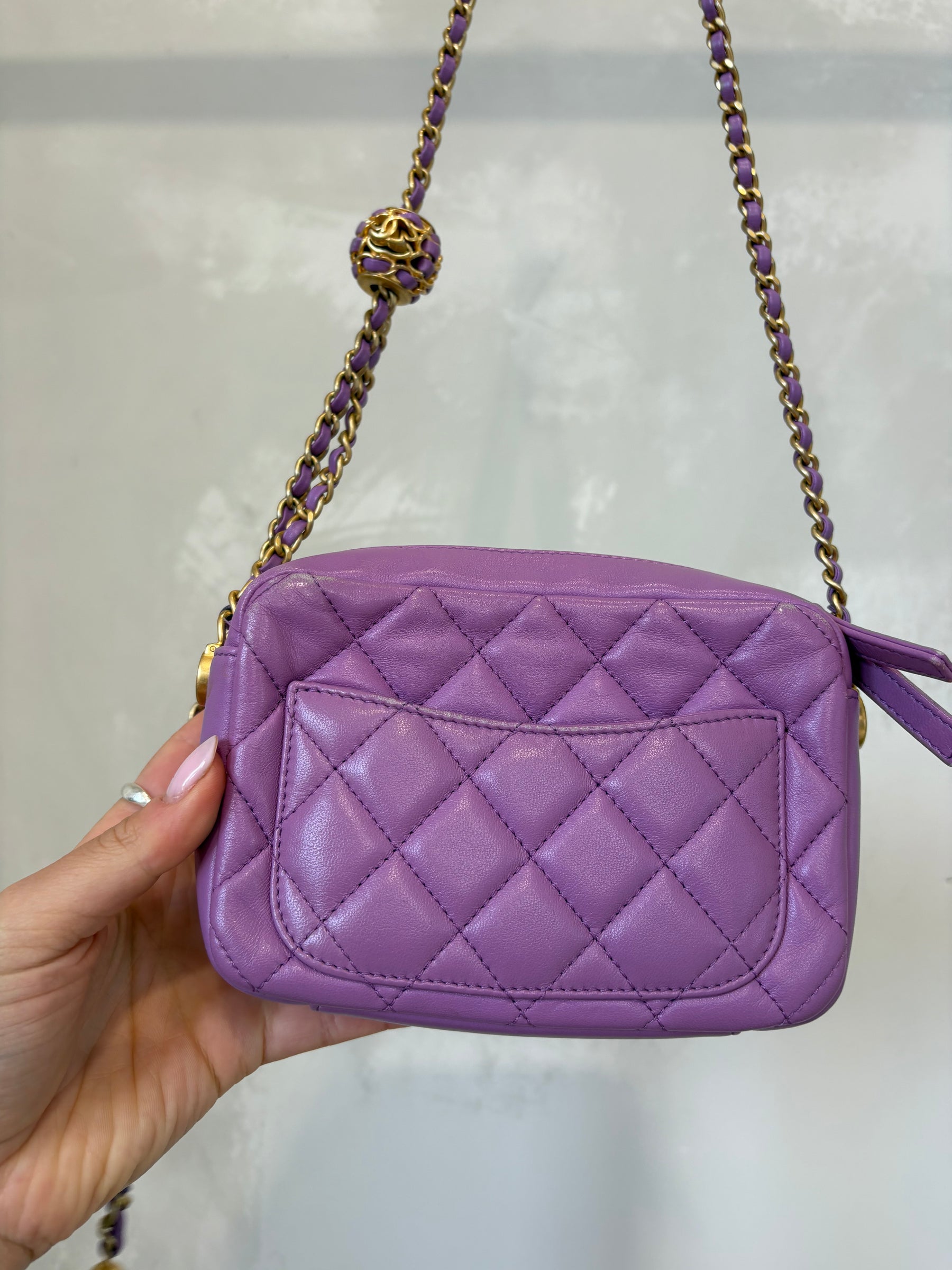 chanel Small Camera Bag Adjustable Ball Chain Strap In Purple