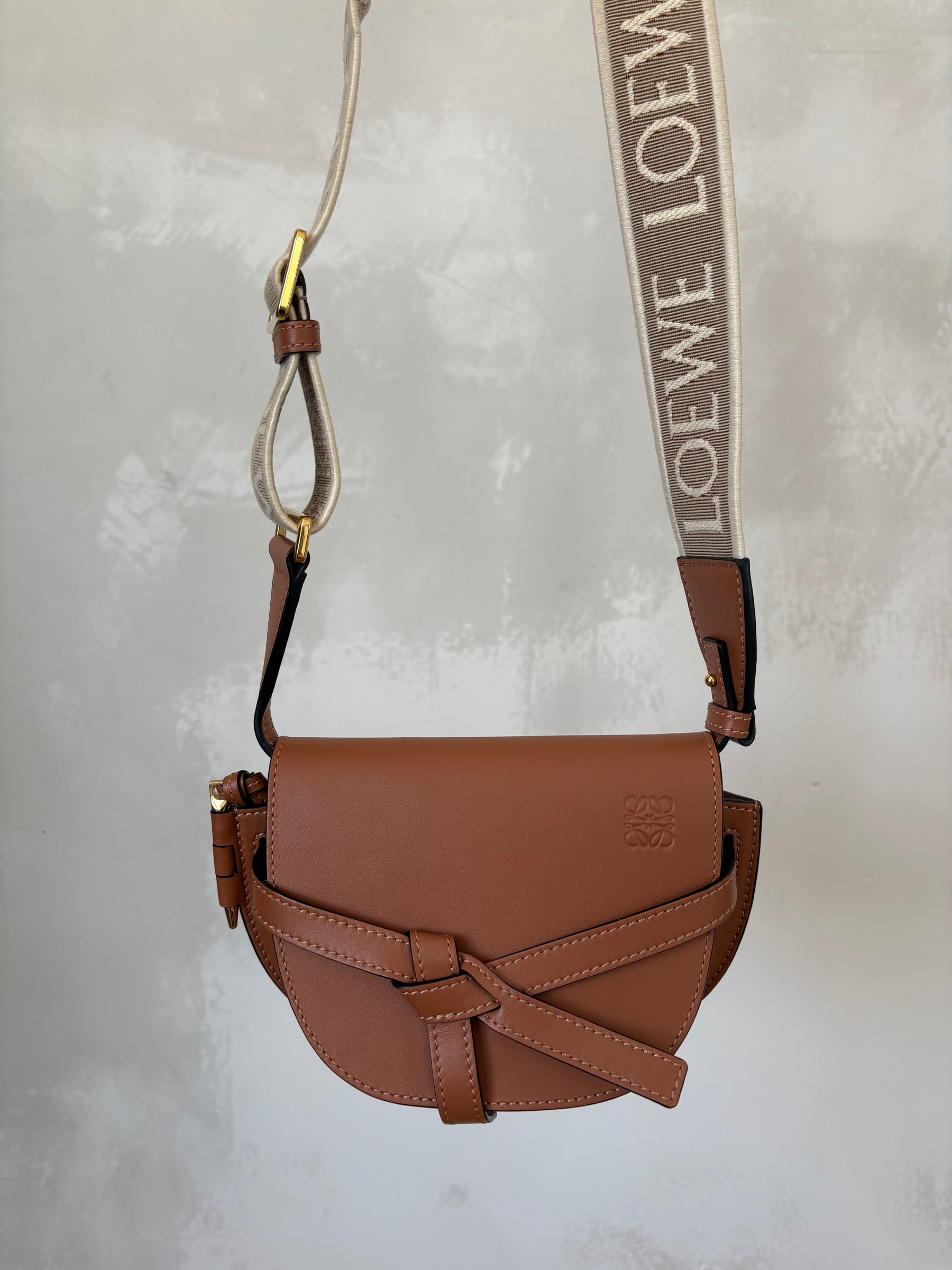 Loewe Mini Gate Dual Bag in Soft Calfskin and Jacquard Strap in Tan