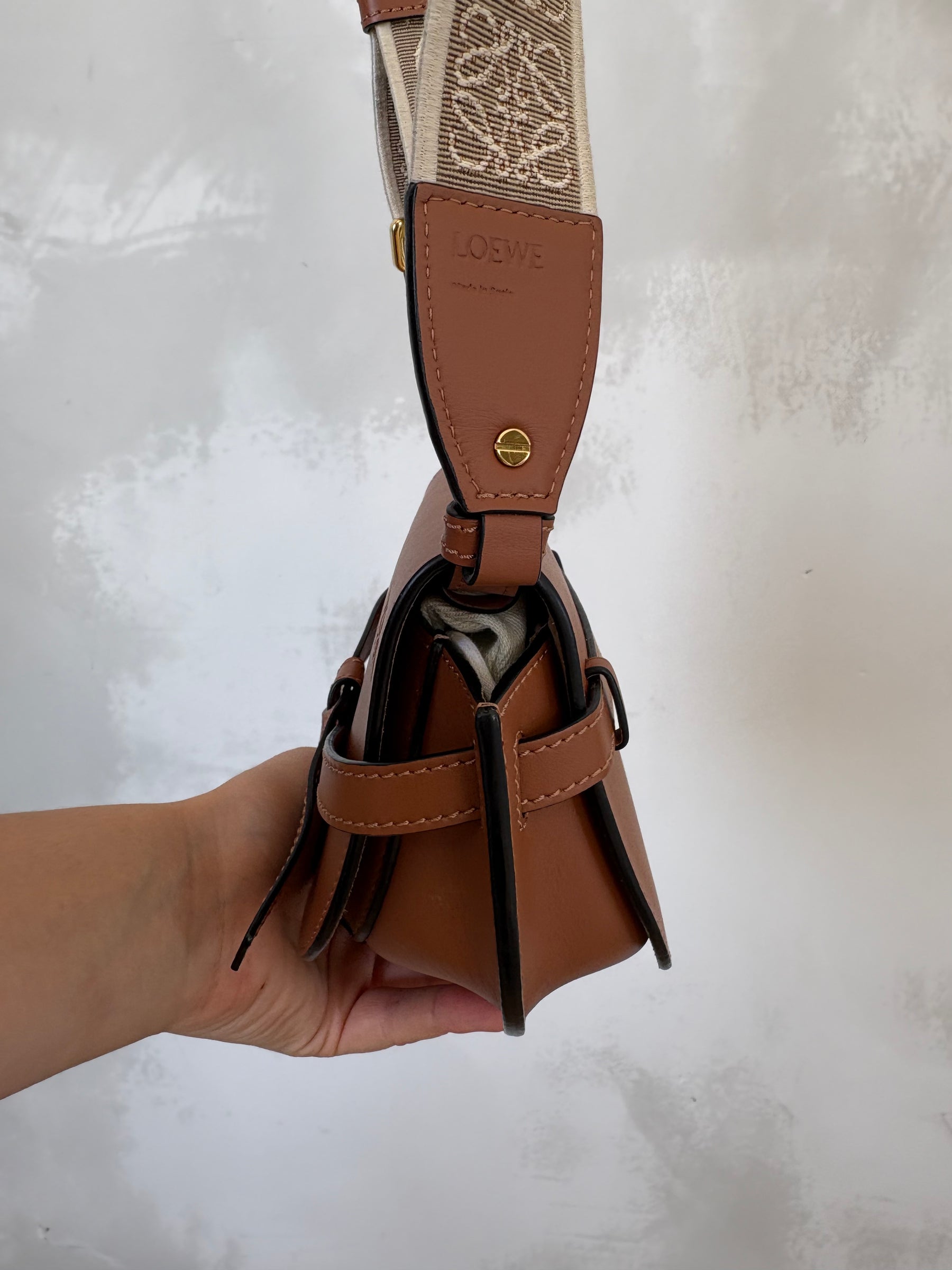 Loewe Mini Gate Dual Bag in Soft Calfskin and Jacquard Strap in Tan