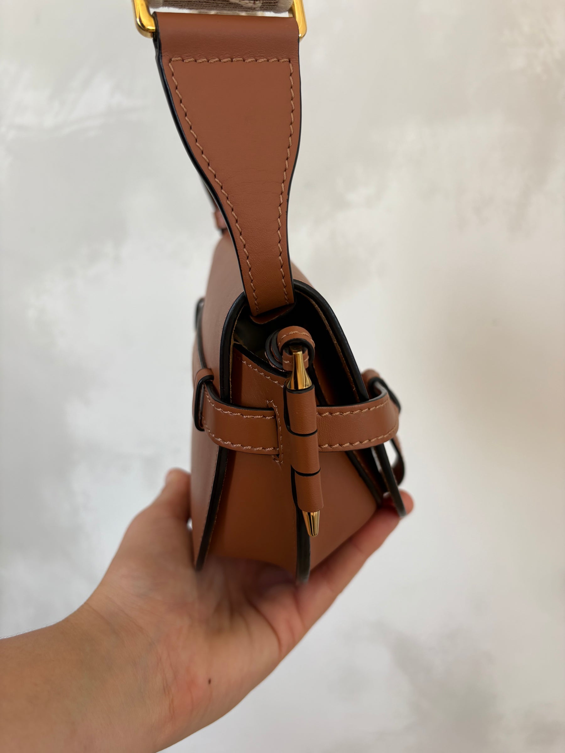 Loewe Mini Gate Dual Bag in Soft Calfskin and Jacquard Strap in Tan