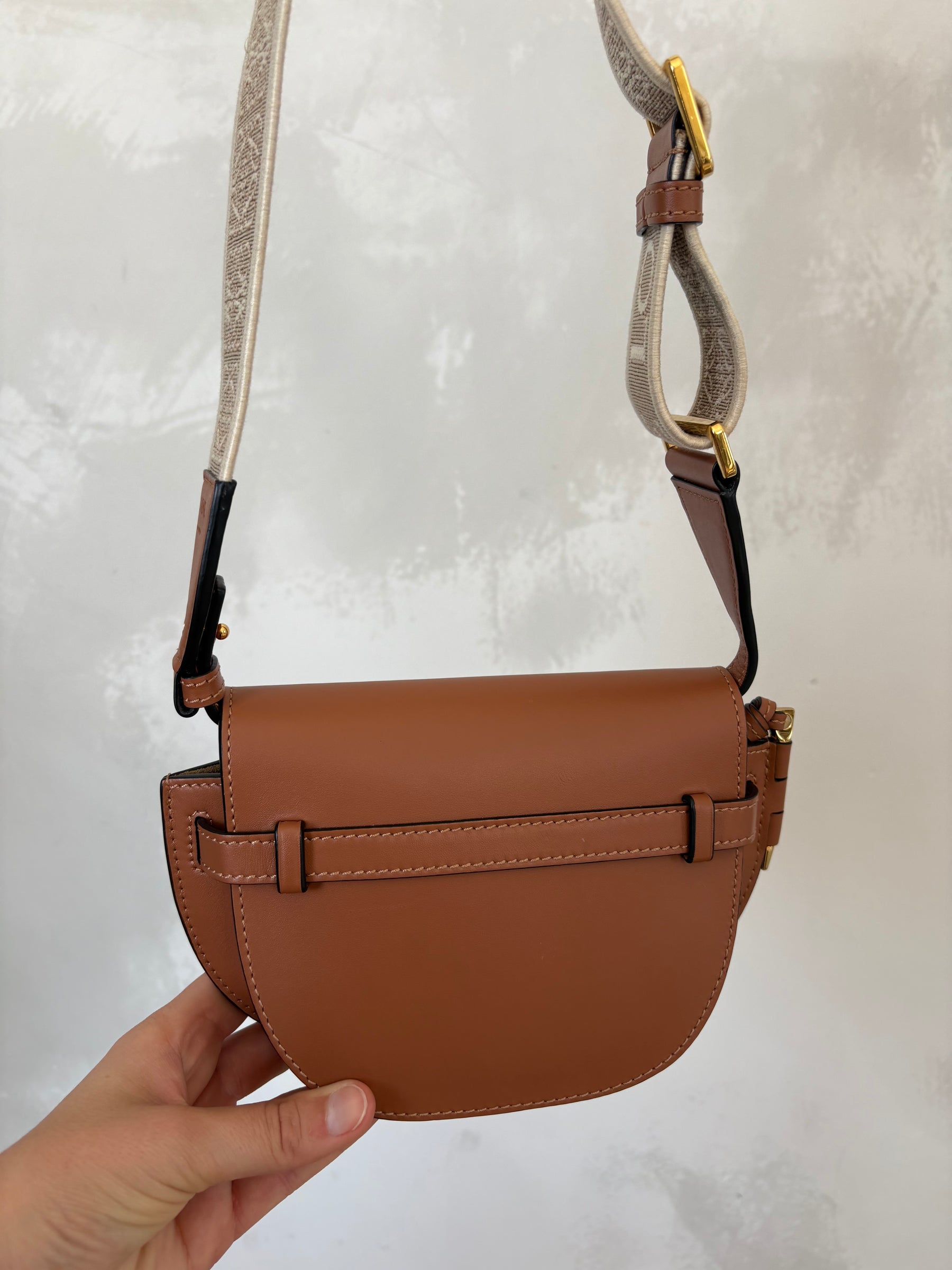 Loewe Mini Gate Dual Bag in Soft Calfskin and Jacquard Strap in Tan
