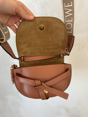 Loewe Mini Gate Dual Bag in Soft Calfskin and Jacquard Strap in Tan
