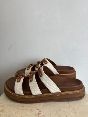 Celine Triomphe Wedge Mules Natural Brown, 40