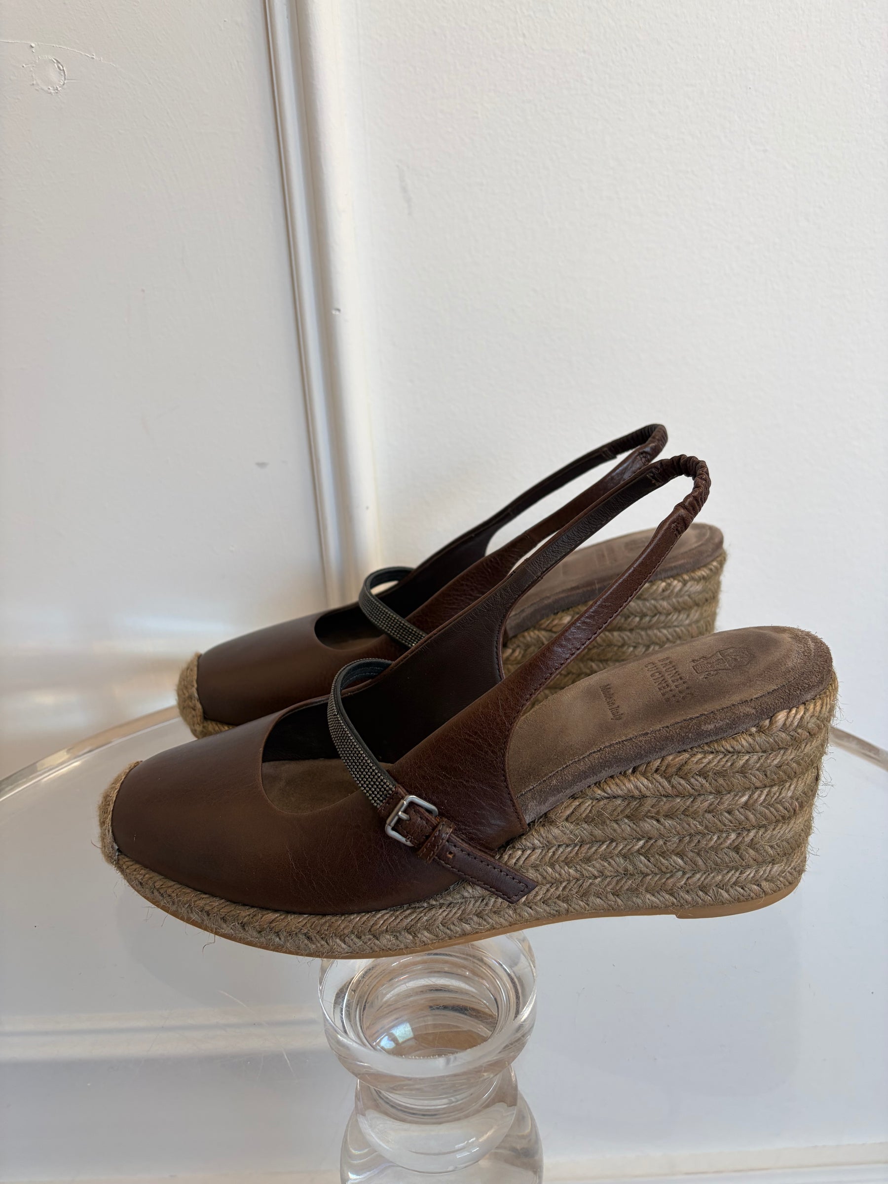 Brunello Cucinelli Dark Brown Leather Espadrille Wedge, 40